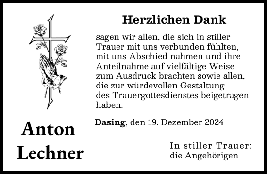 Traueranzeige von Anton Lechner von Friedberger Allgemeine