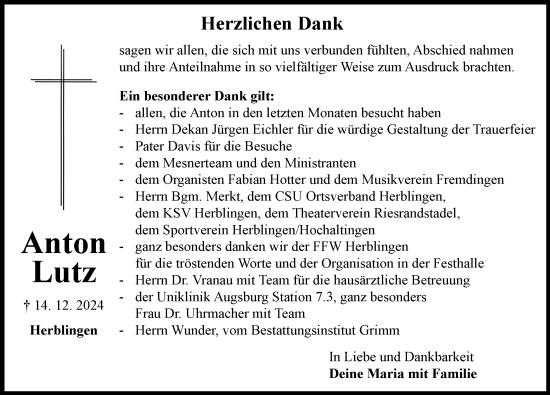 Traueranzeige von Anton Lutz von Rieser Nachrichten
