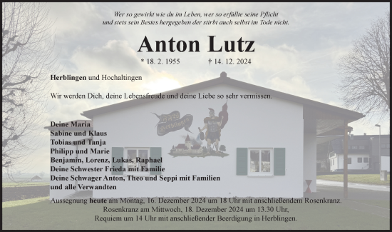 Traueranzeige von Anton Lutz von Rieser Nachrichten