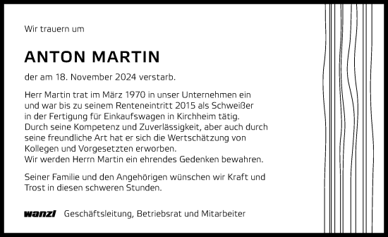 Traueranzeige von Anton Martin von Mittelschwäbische Nachrichten, Mindelheimer Zeitung