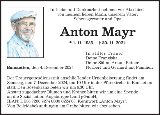 Traueranzeige von Anton Mayr von Augsburger Allgemeine