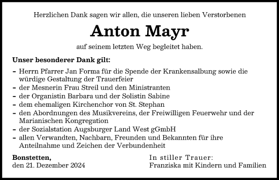 Traueranzeige von Anton Mayr von Augsburger Allgemeine