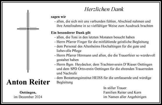 Traueranzeige von Anton Reiter von Rieser Nachrichten