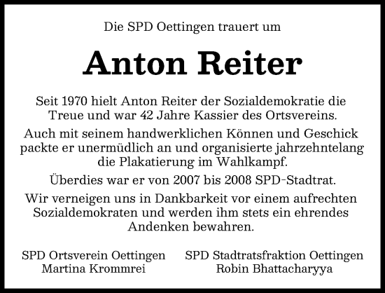 Traueranzeige von Anton Reiter von Rieser Nachrichten