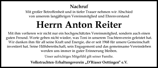 Traueranzeige von Anton Reiter von Rieser Nachrichten