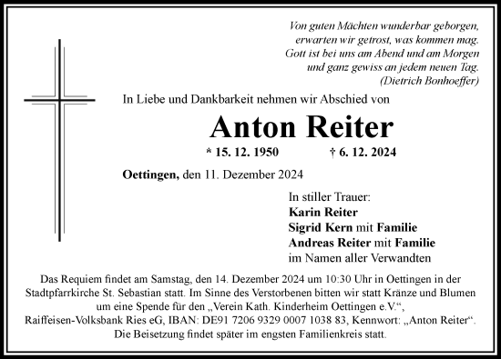 Traueranzeige von Anton Reiter von Rieser Nachrichten