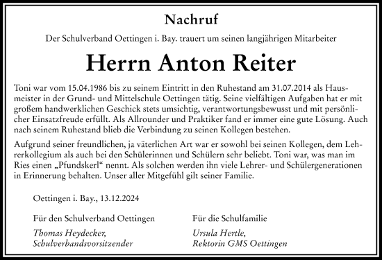 Traueranzeige von Anton Reiter von Rieser Nachrichten