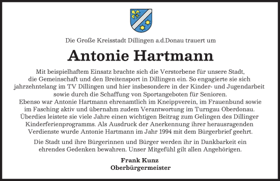 Traueranzeige von Antonie Hartmann von Donau Zeitung
