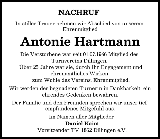 Traueranzeige von Antonie Hartmann von Donau Zeitung