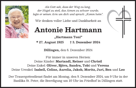 Traueranzeige von Antonie Hartmann von Donau Zeitung
