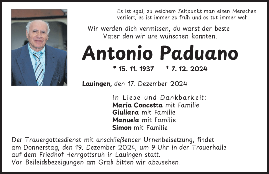 Traueranzeige von Antonio Paduano von Donau Zeitung