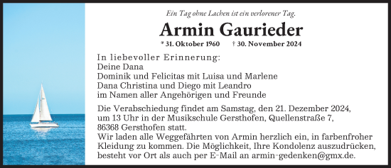 Traueranzeige von Armin Gaurieder von Augsburger Allgemeine