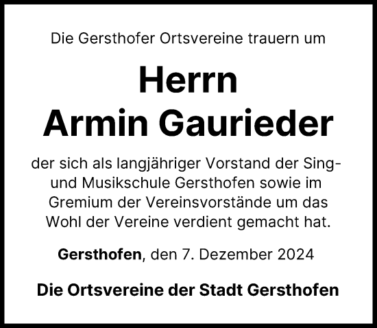 Traueranzeige von Armin Gaurieder von Augsburg-Land