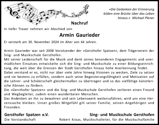 Traueranzeige von Armin Gaurieder von Augsburg-Land