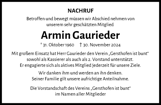 Traueranzeige von Armin Gaurieder von Augsburg-Land