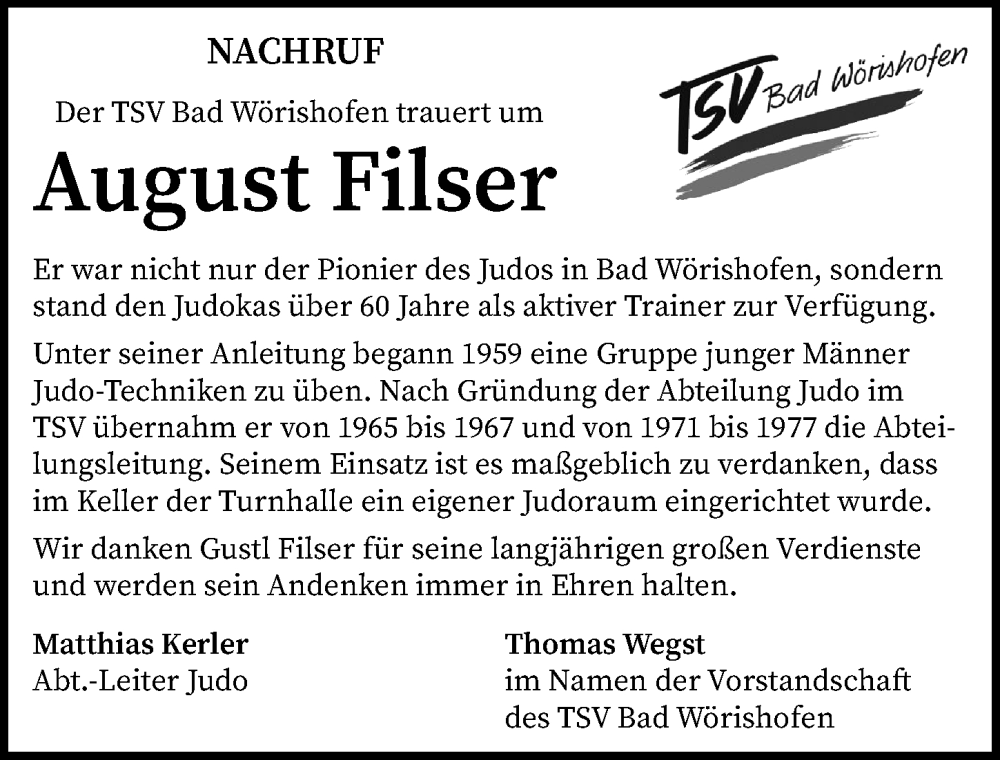  Traueranzeige für August Filser vom 02.12.2024 aus Mindelheimer Zeitung