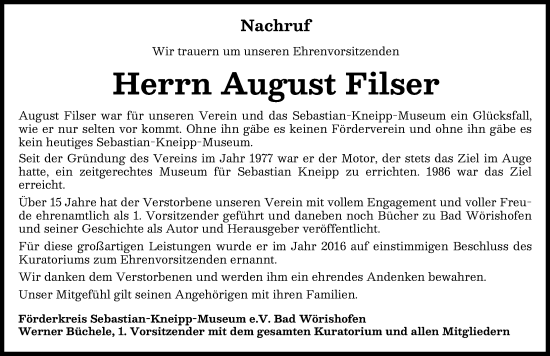 Traueranzeige von August Filser von Mindelheimer Zeitung