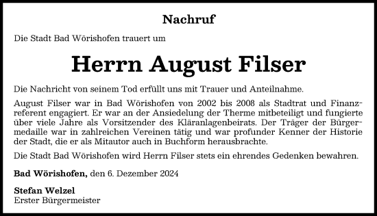 Traueranzeige von August Filser von Mindelheimer Zeitung