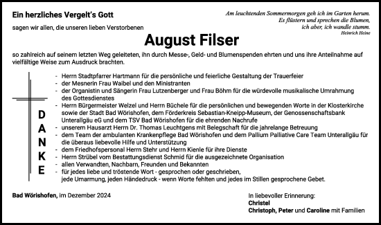 Traueranzeige von August Filser von Mindelheimer Zeitung