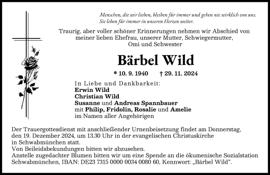 Traueranzeige von Bärbel Wild von Schwabmünchner Allgemeine