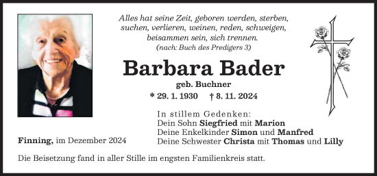 Traueranzeige von Barbara Bader von Landsberger Tagblatt