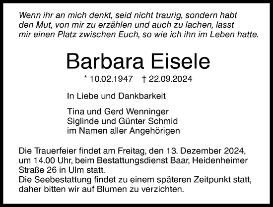 Traueranzeige von Barbara Eisele von Augsburger Allgemeine, Neu-Ulmer Zeitung
