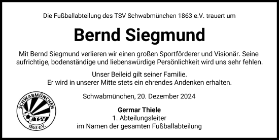 Traueranzeige von Bernd Siegmund von Schwabmünchner Allgemeine