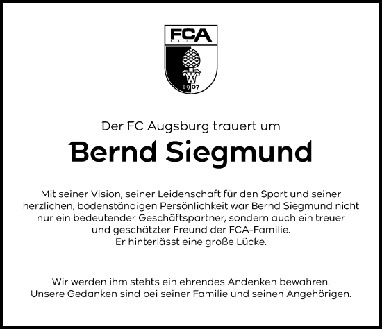 Traueranzeige von Bernd Siegmund von Augsburger Allgemeine
