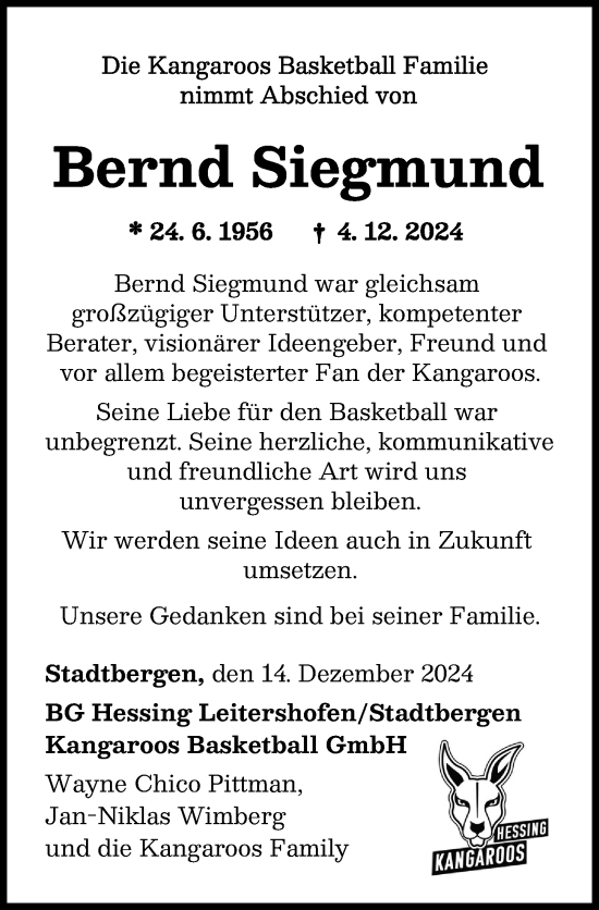 Traueranzeige von Bernd Siegmund von Augsburger Allgemeine