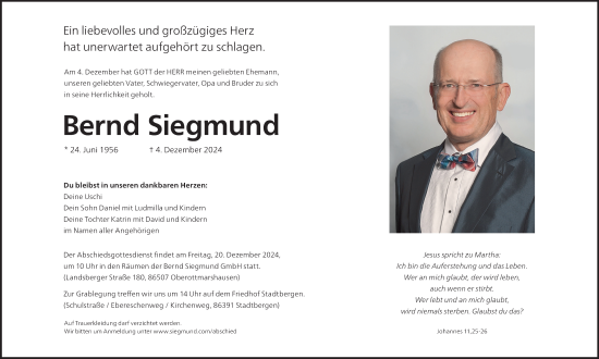 Traueranzeige von Bernd Siegmund von Augsburger Allgemeine