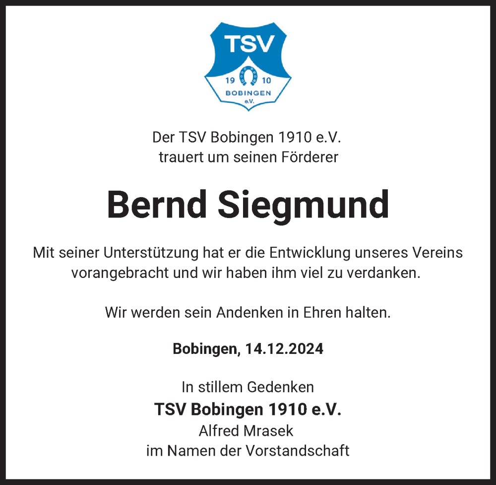  Traueranzeige für Bernd Siegmund vom 14.12.2024 aus Schwabmünchner Allgemeine