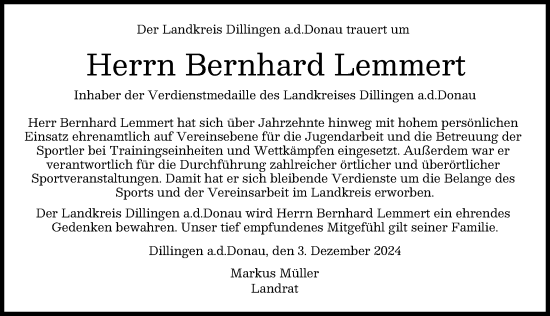 Traueranzeige von Bernhard Lemmert von Donau Zeitung