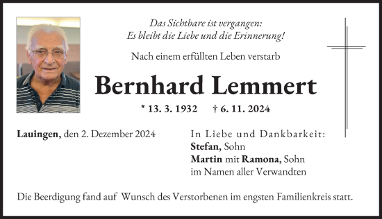 Traueranzeige von Bernhard Lemmert von Donau Zeitung