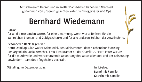 Traueranzeige von Bernhard Wiedemann von Friedberger Allgemeine, Augsburger Allgemeine
