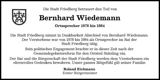 Traueranzeige von Bernhard Wiedemann von Friedberger Allgemeine