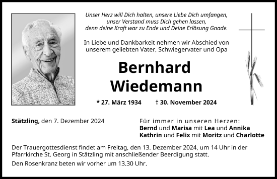 Traueranzeige von Bernhard Wiedemann von Friedberger Allgemeine, Augsburger Allgemeine