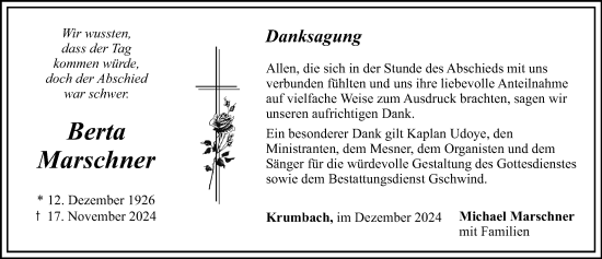 Traueranzeige von Berta Marschner von Mittelschwäbische Nachrichten