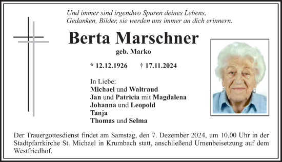 Traueranzeige von Berta Marschner von Mittelschwäbische Nachrichten