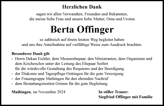 Traueranzeige von Berta Offinger von Rieser Nachrichten