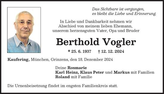 Traueranzeige von Berthold Vogler von Landsberger Tagblatt