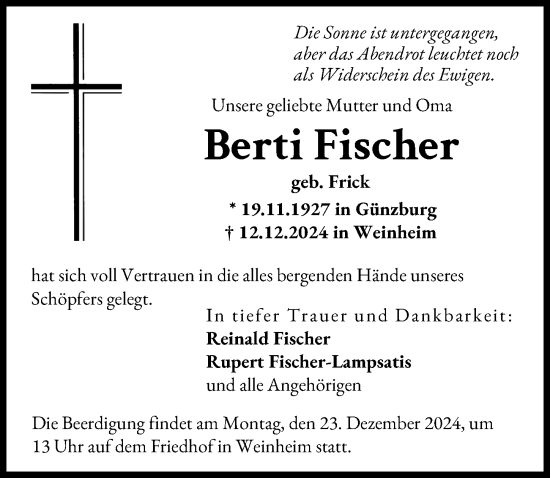 Traueranzeige von Berti Fischer von Günzburger Zeitung