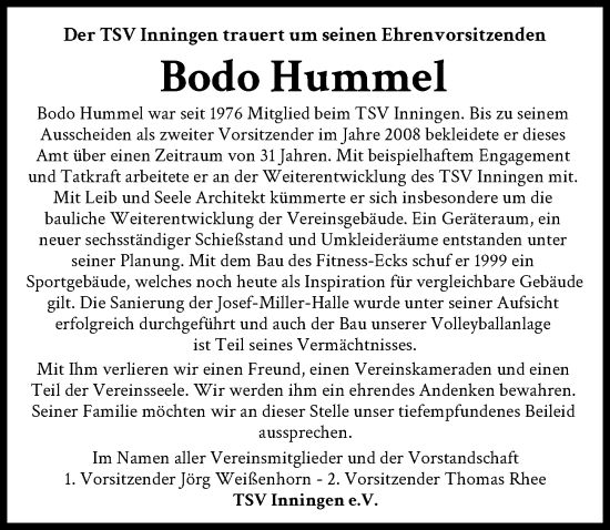 Traueranzeige von Bodo Hummel von Augsburger Allgemeine