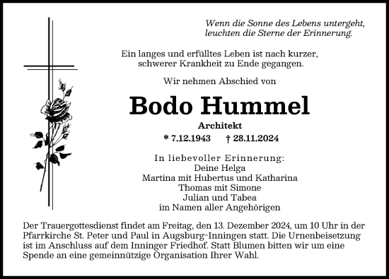 Traueranzeige von Bodo Hummel von Augsburger Allgemeine