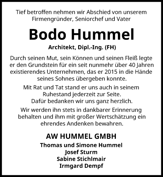 Traueranzeige von Bodo Hummel von Augsburger Allgemeine