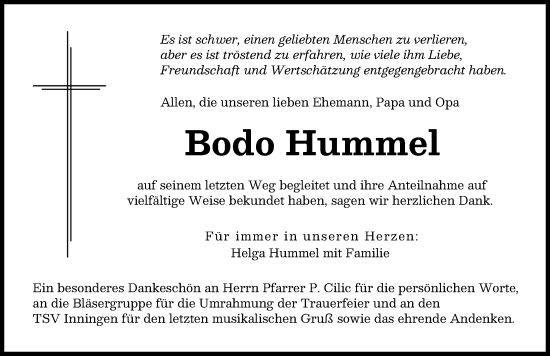 Traueranzeige von Bodo Hummel von Augsburger Allgemeine