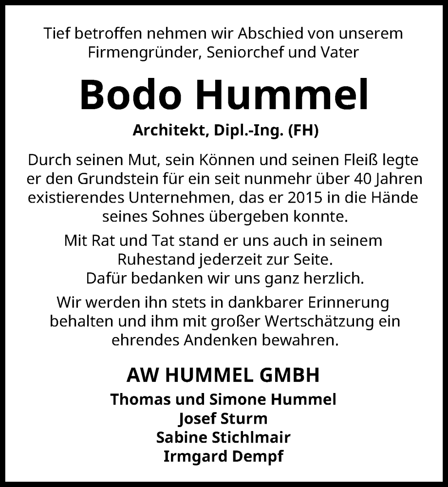  Traueranzeige für Bodo Hummel vom 07.12.2024 aus Augsburger Allgemeine