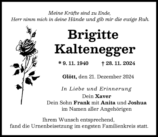 Traueranzeige von Brigitte Kaltenegger von Donau Zeitung