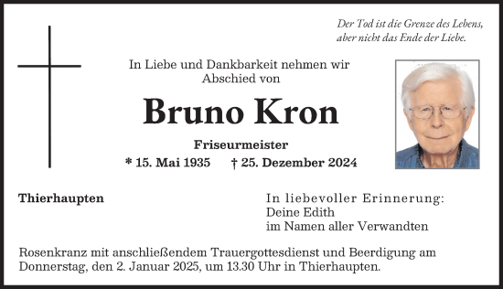 Traueranzeige von Bruno Kron von Augsburg-Land