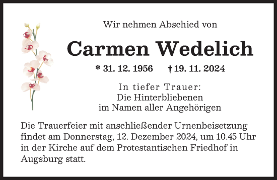 Traueranzeige von Carmen Wedelich von Friedberger Allgemeine, Augsburger Allgemeine