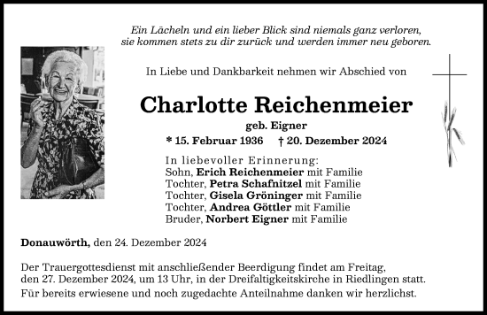 Traueranzeige von Charlotte Reichenmeier von Donauwörther Zeitung